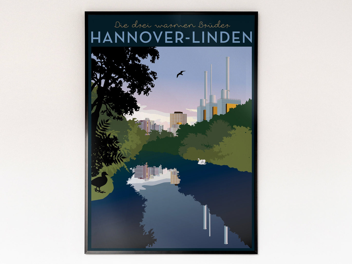 Blick auf Linden mit Ihmezentrum und die drei warmen Brüder | Poster | Plakat | Illustration