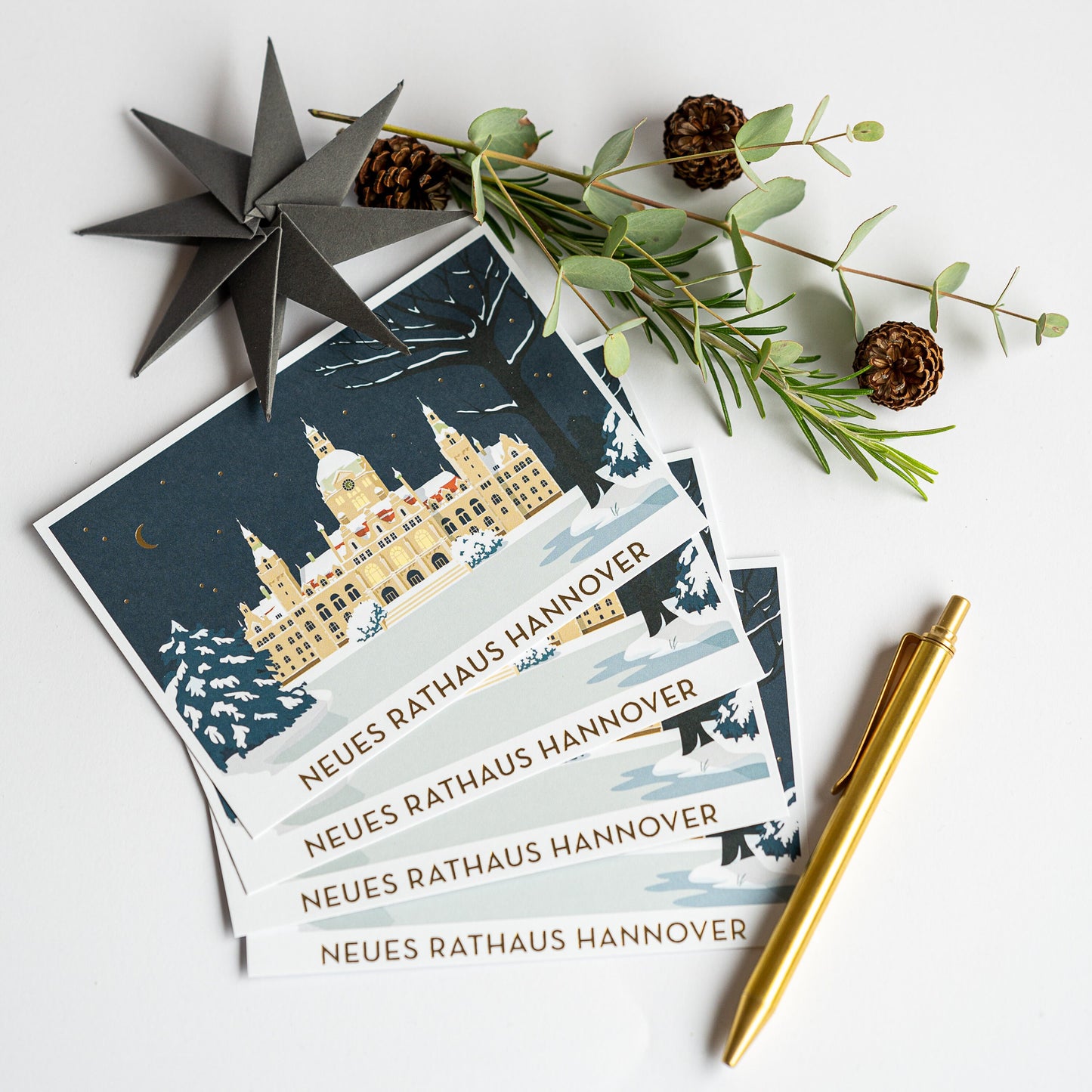 Grußkarten 4er-Set "Winterliches Rathaus Hannover" | Weihnachtskarten mit Umschlag