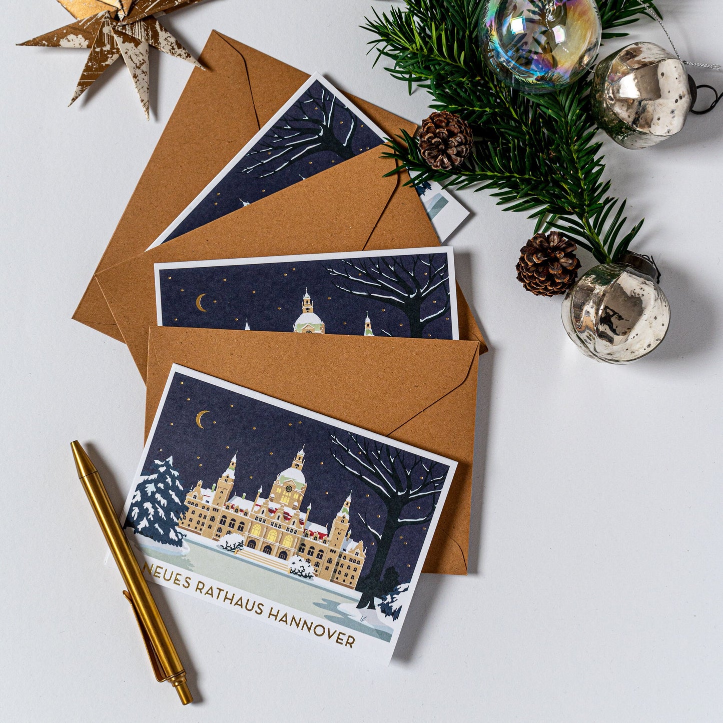 Grußkarten 4er-Set "Winterliches Rathaus Hannover" | Weihnachtskarten mit Umschlag