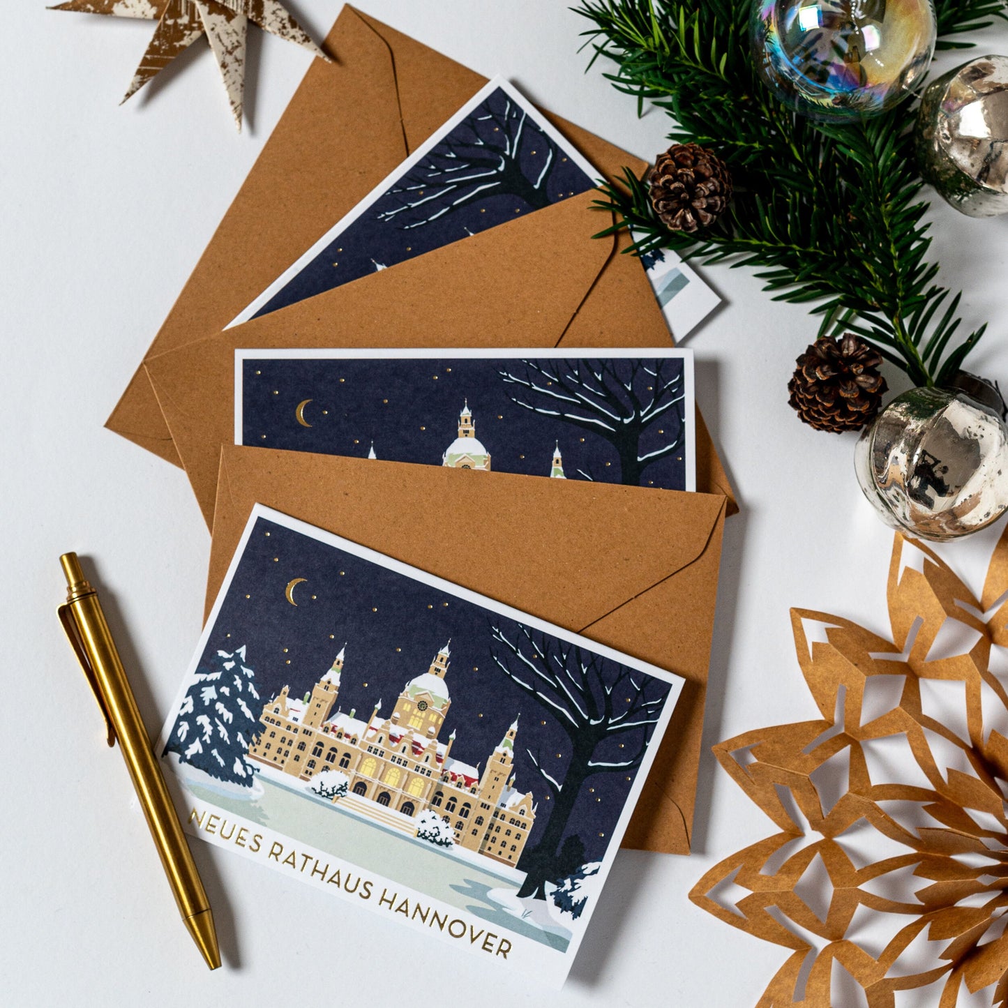 Grußkarten 4er-Set "Winterliches Rathaus Hannover" | Weihnachtskarten mit Umschlag