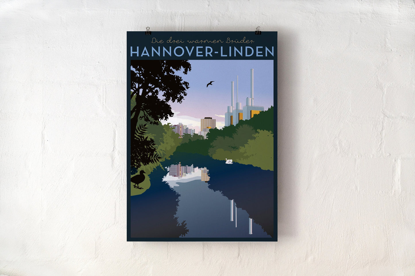 Blick auf Linden mit Ihmezentrum und die drei warmen Brüder | Poster | Plakat | Illustration