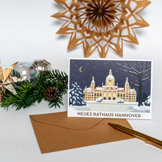 Grußkarten 4er-Set  "Winterliches Rathaus Hannover" | Weihnachtskarten mit Umschlag